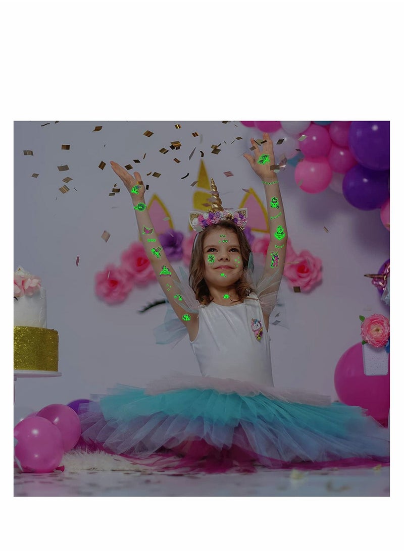 Excefore - Unicorn Temporary Tattoos, Unicorn Tattoos Stickers, Fake Girl's Colourful Luminous Temporary Unicorn Tattoo Glow in the Dark for Girl Kid Unicorn Birthday Decoration, 8 Sheets(4 flashes + 4 luminous) - Image 1