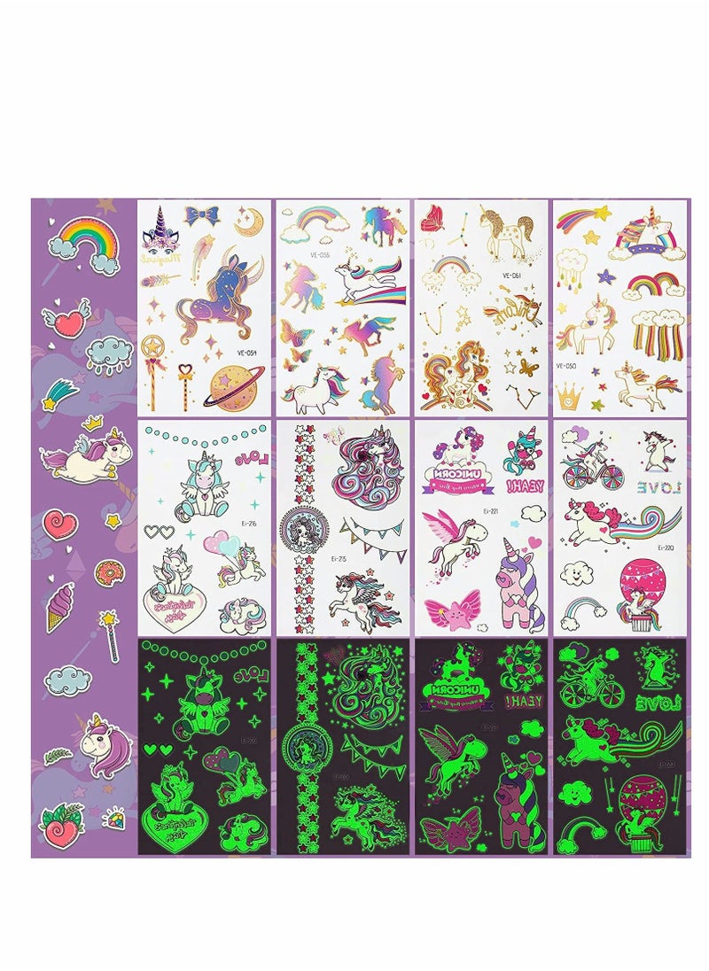 Excefore - Unicorn Temporary Tattoos, Unicorn Tattoos Stickers, Fake Girl's Colourful Luminous Temporary Unicorn Tattoo Glow in the Dark for Girl Kid Unicorn Birthday Decoration, 8 Sheets(4 flashes + 4 luminous) - Image 1