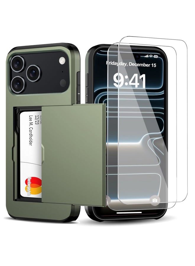 Benbenjaytek for iPhone Pro Max Wallet Case with Card Holder + 2 Tempered Glass Screen Protector Protective Shockproof Hidden Card Slot Slim Case Women Men for iPhone Pro Max 6.7 (Deep Green) - Image 1