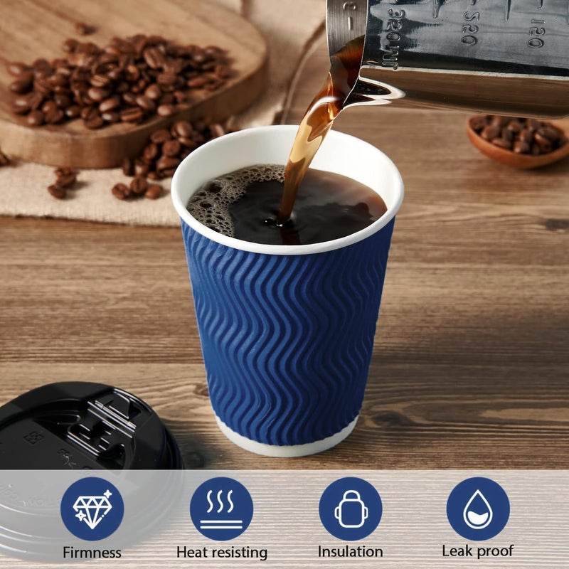 AoMige Coffee Cups with Lids and Straws(50 Set),Ripple Insulated Triple Corrugated Paper Cups,Durable Reusable Hot Paper Cups for Hot/Cold Beverages Espresso Tea Water (Blue, 12 oz) - Image 3