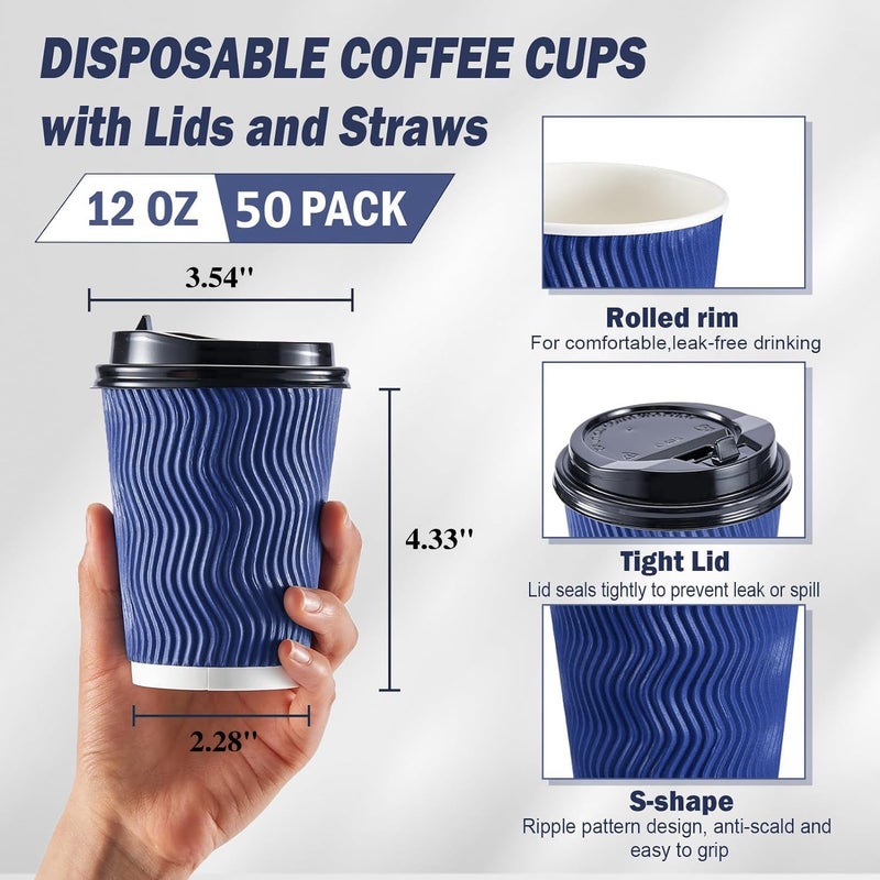 AoMige Coffee Cups with Lids and Straws(50 Set),Ripple Insulated Triple Corrugated Paper Cups,Durable Reusable Hot Paper Cups for Hot/Cold Beverages Espresso Tea Water (Blue, 12 oz) - Image 2