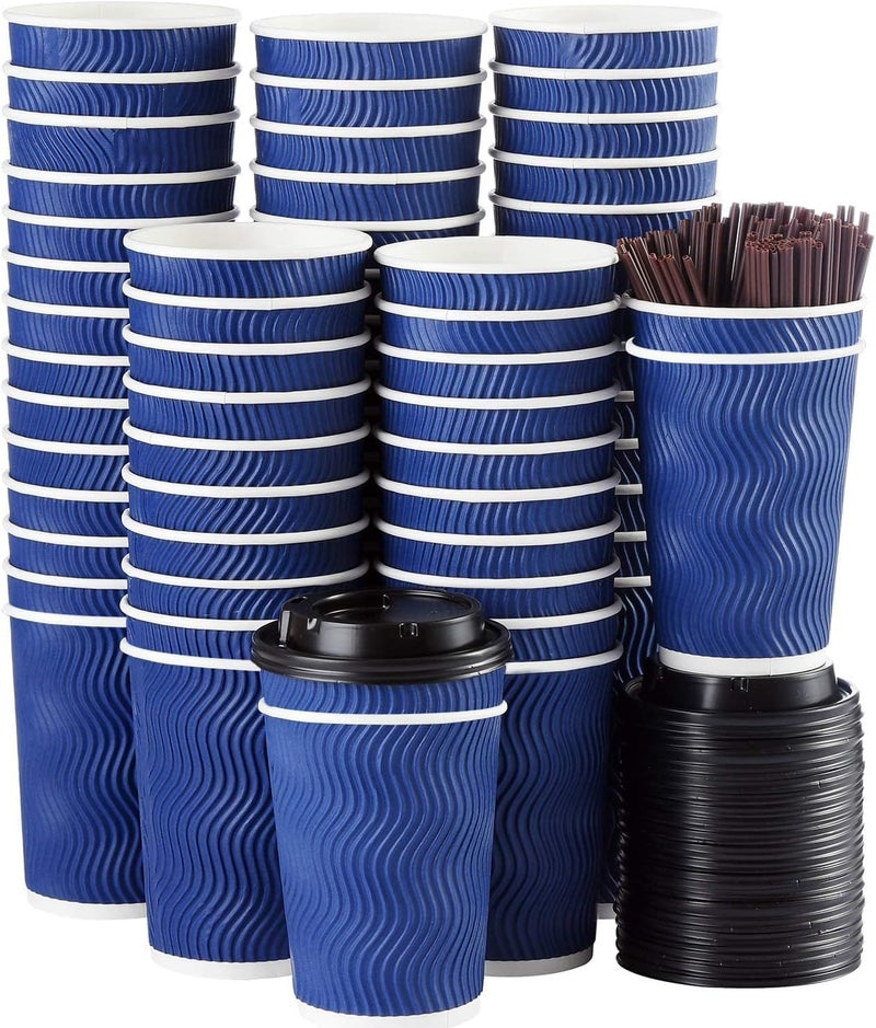 AoMige Coffee Cups with Lids and Straws(50 Set),Ripple Insulated Triple Corrugated Paper Cups,Durable Reusable Hot Paper Cups for Hot/Cold Beverages Espresso Tea Water (Blue, 12 oz) - Image 1