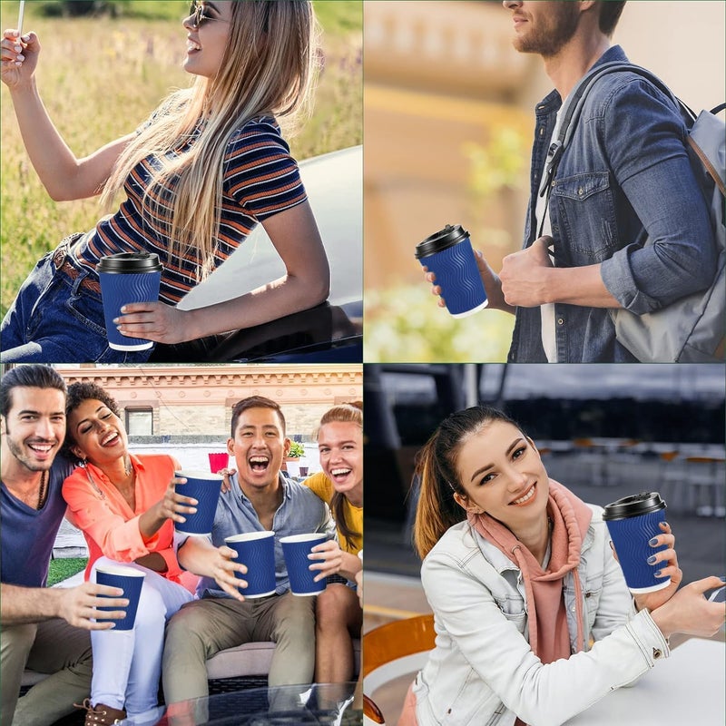 AoMige Coffee Cups with Lids and Straws(50 Set),Ripple Insulated Triple Corrugated Paper Cups,Durable Reusable Hot Paper Cups for Hot/Cold Beverages Espresso Tea Water (Blue, 12 oz) - Image 5