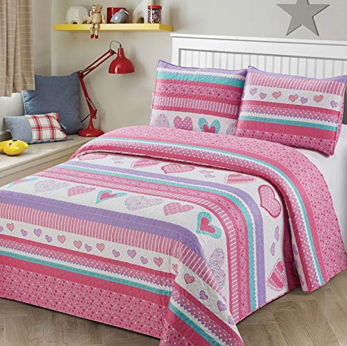 Kids Zone Home Linen 2pc Twin Size Quilt Bedspread Kids/Teens Hearts Pink Purple/Lavander White Girls Multicolor Bedding New - Image 5