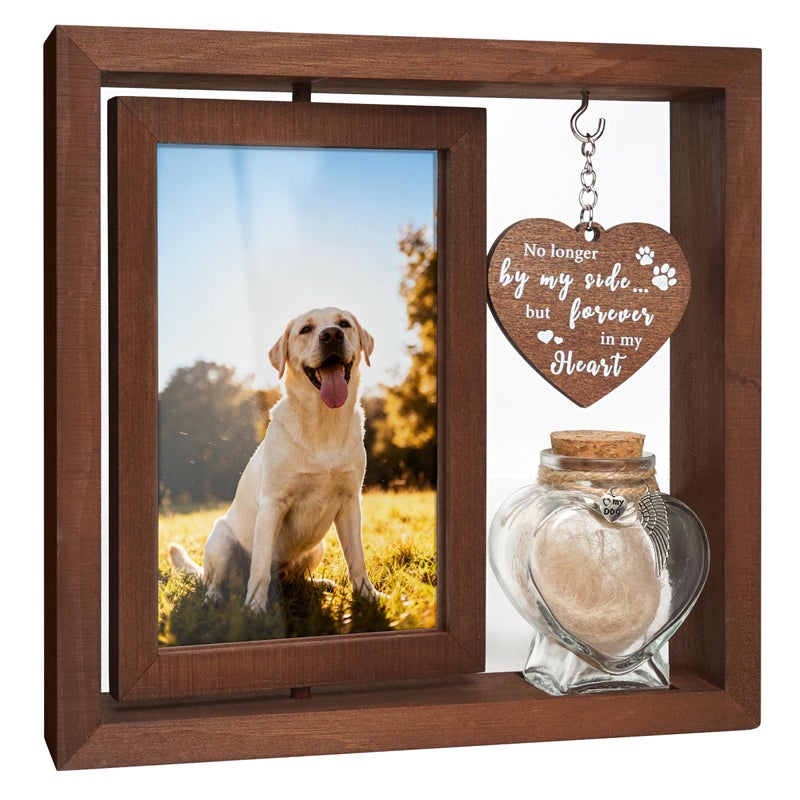 HAMUIERS Dog Memorial Gifts for Loss of Pet - Rotating Wooden Frame for 4x6 Photo & Fur Hair Jar - Sympathy Gift for Pet Bereavement, Remembrance Keepsake - Rainbow Bridge Gift for Dog Lovers & Cat Lovers - Image 1