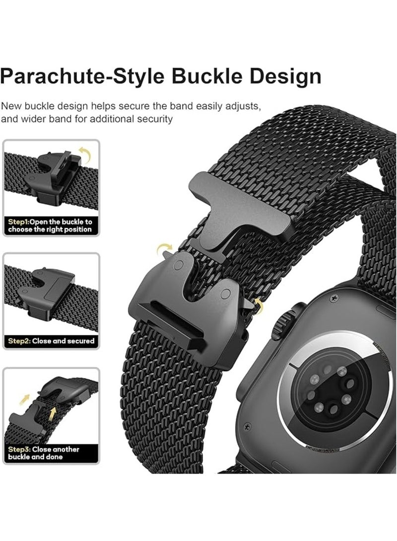 Titanium Milanese Mesh Loop Band Compatible with Apple Watch Ultra 1/2 49mm 46mm 45mm 44mm 42mm Men Women, Designer Parachute-Style Metal Buckle Adjustable Strap for iWatch SE Series 10 9 8 7 6 5 4 - Image 4