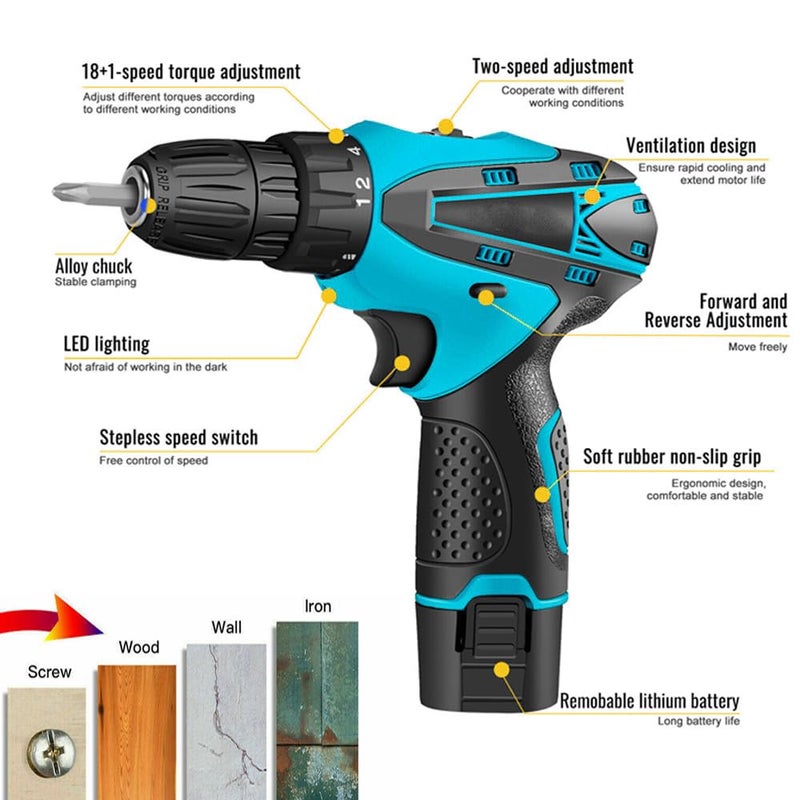 MLD MLD 10mm Multi Function Drill Plastic Cordless Drill Screw Driver 10mm with Batteries & Two Speed Control LED Light Guided -Keyless Chuck -Reverse Forward Motion 12V Lithium-Ion 1.2Ah  - Image 2