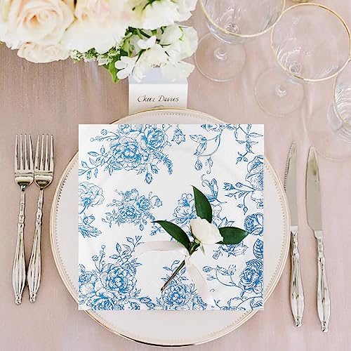YOCHANDA 100 Pack Blue Floral Cocktail Napkins, Guest Hand Towels Disposable for Bathroom, Blue Floral Paper Napkins for Bridal and Baby Shower, Tea Party, Garden Party, Birthday Party - Image 4