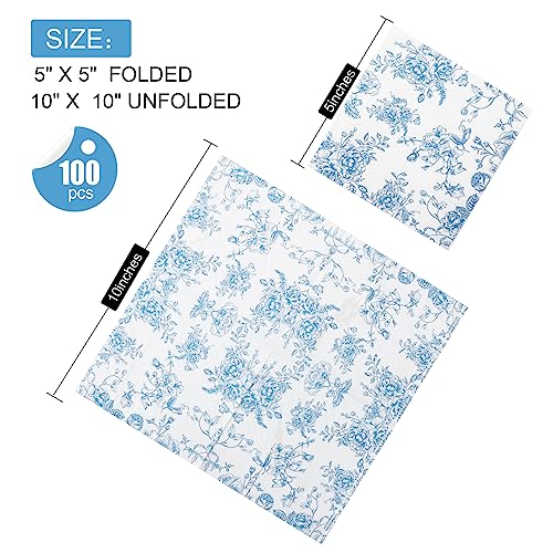 YOCHANDA 100 Pack Blue Floral Cocktail Napkins, Guest Hand Towels Disposable for Bathroom, Blue Floral Paper Napkins for Bridal and Baby Shower, Tea Party, Garden Party, Birthday Party - Image 2
