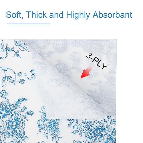 YOCHANDA 100 Pack Blue Floral Cocktail Napkins, Guest Hand Towels Disposable for Bathroom, Blue Floral Paper Napkins for Bridal and Baby Shower, Tea Party, Garden Party, Birthday Party - Image 3