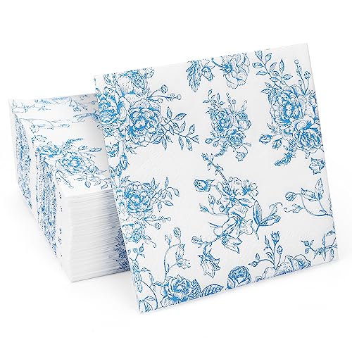 YOCHANDA 100 Pack Blue Floral Cocktail Napkins, Guest Hand Towels Disposable for Bathroom, Blue Floral Paper Napkins for Bridal and Baby Shower, Tea Party, Garden Party, Birthday Party - Image 1