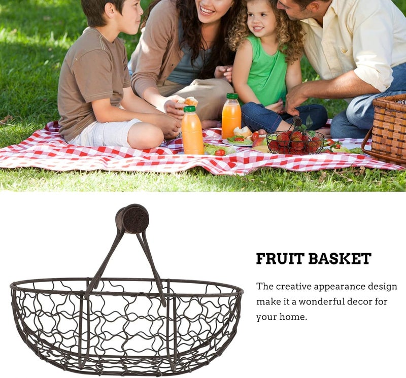 cheekyglo Garden Basket Metal Bread Basket with Wood Handle Iron Fruit Basket Portable Picnic Basket Retro Wire Baskets Farmhouse Vegetable Storage for Cabinets Kitchen Table Container Centerpiece - Image 2
