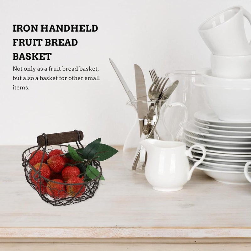 cheekyglo Garden Basket Metal Bread Basket with Wood Handle Iron Fruit Basket Portable Picnic Basket Retro Wire Baskets Farmhouse Vegetable Storage for Cabinets Kitchen Table Container Centerpiece - Image 3