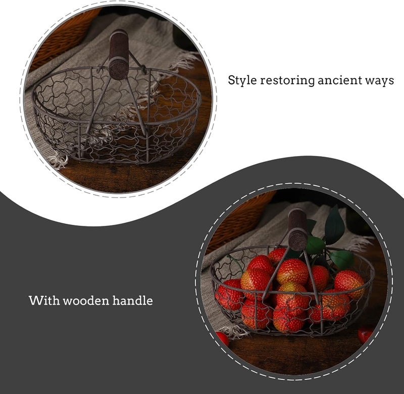 cheekyglo Garden Basket Metal Bread Basket with Wood Handle Iron Fruit Basket Portable Picnic Basket Retro Wire Baskets Farmhouse Vegetable Storage for Cabinets Kitchen Table Container Centerpiece - Image 4