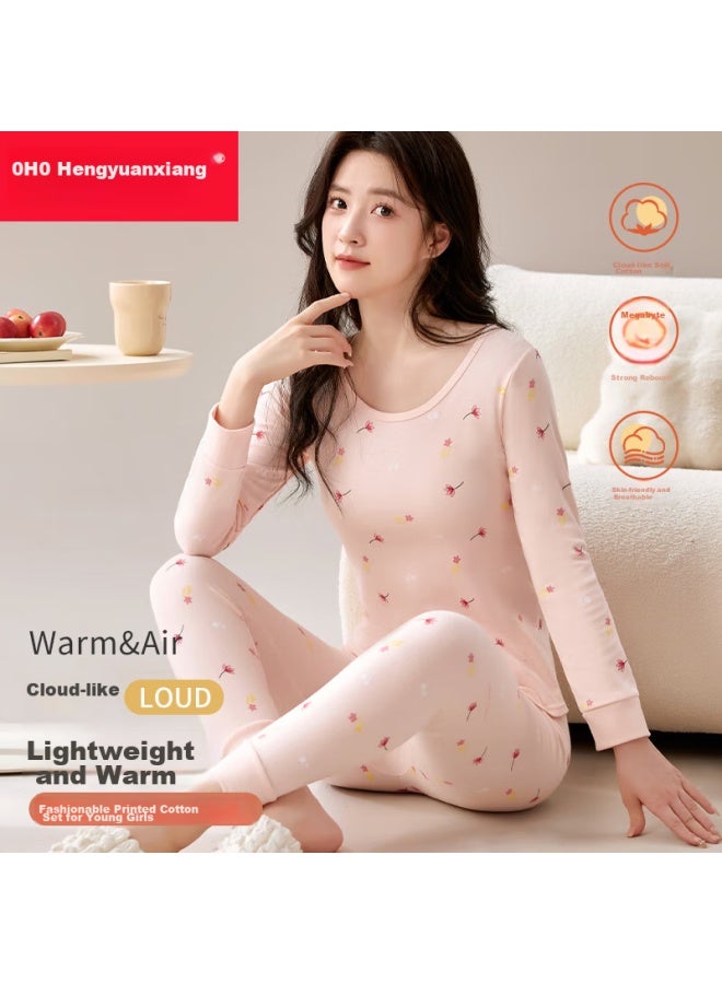Hengyuanxiang Hengyuanxiang Pure Cotton Women's Autumn Clothing And Pants Set For Teenagers, Autumn And Winter Warm Underwear Women's Cotton Sweater Coral Pink  - Image 1