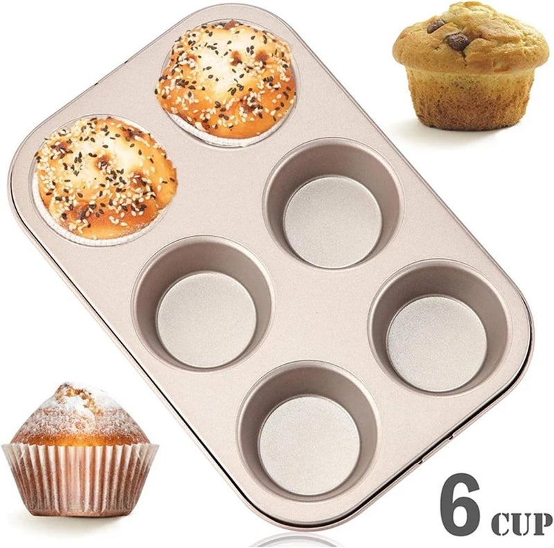 6 Cups Cupcake Pan Muffin Tray Non-Stick Carbon Steel Baking Egg Tart Dish Round Biscuit Cake Mould(Gold 6 Holes) - Image 2