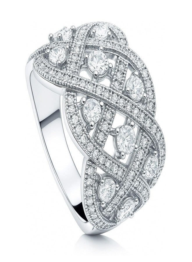 BERRICLE Sterling Silver Woven Cubic Zirconia CZ Statement Vintage Inspired Art Deco Cocktail Fashion Ring for Women, Rhodium Plated - Image 1