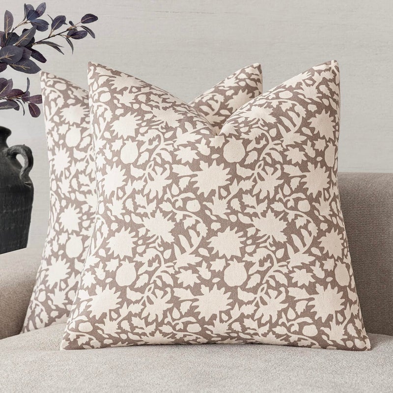 Foindtower Set of 2 Decorative Neutral Floral Throw Pillow Covers Accent Farmhouse Cushion Covers Boho Vintage Pillowcase for Couch Sofa Bedroom Living Room Home Decor,22Ã—22 Inch,Tan - Image 1