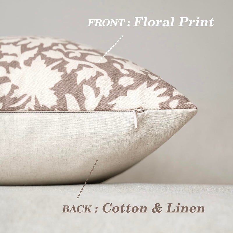 Foindtower Set of 2 Decorative Neutral Floral Throw Pillow Covers Accent Farmhouse Cushion Covers Boho Vintage Pillowcase for Couch Sofa Bedroom Living Room Home Decor,22Ã—22 Inch,Tan - Image 2