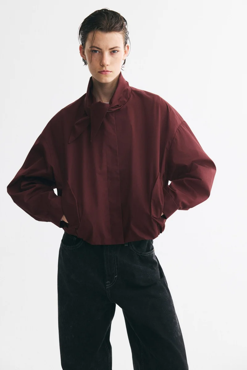 Scarf-collar bubble-hem jacket