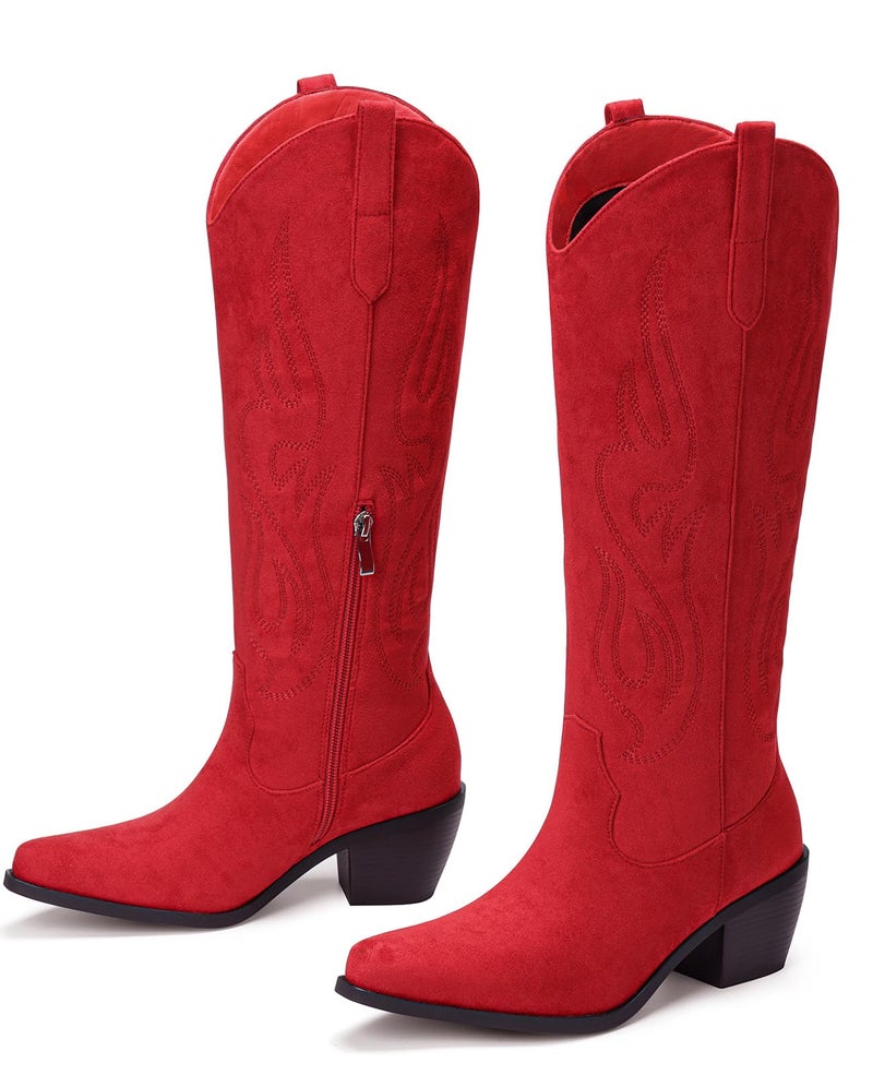 Pasuot Western Cowboy Boots for Women - Knee High Wide Calf Cowgirl Boots, Slip On Pointed Toe Chunky Heel Fashion Retro Classic Pull On Tall Boot for ladies Party concert Red Suede US 8 - Image 5