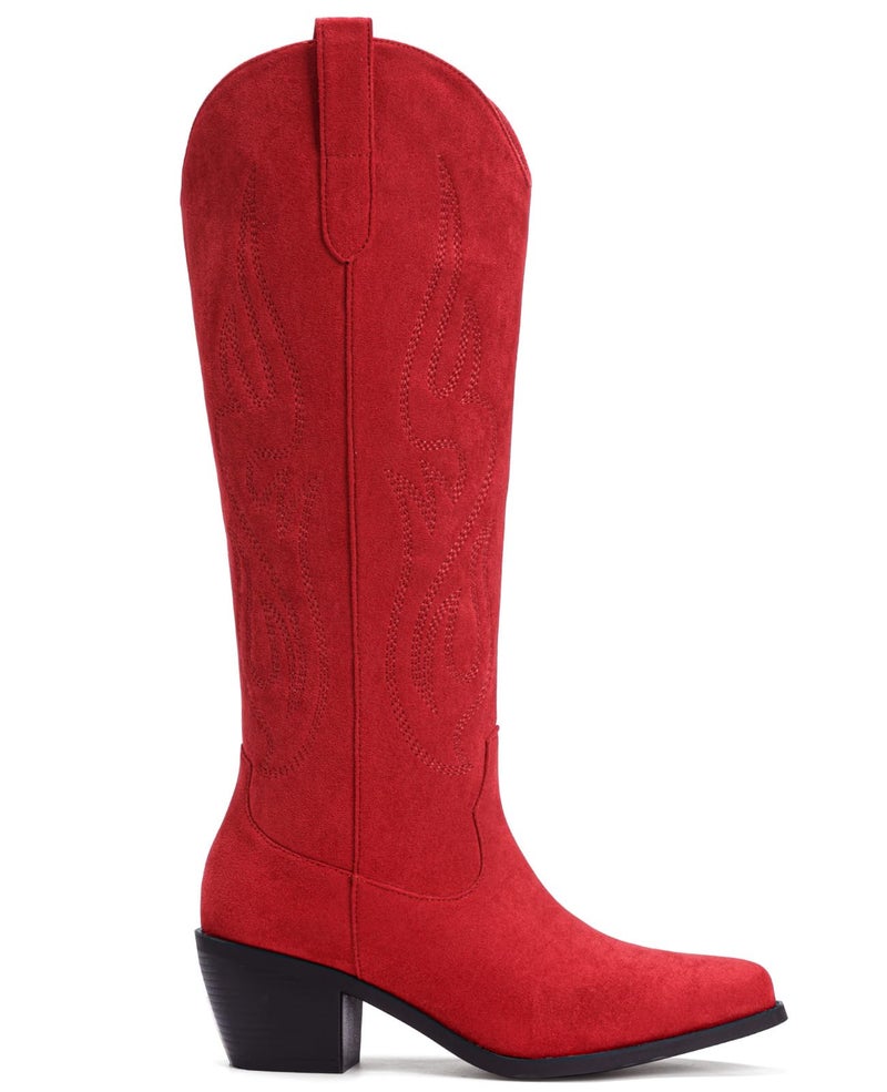 Pasuot Western Cowboy Boots for Women - Knee High Wide Calf Cowgirl Boots, Slip On Pointed Toe Chunky Heel Fashion Retro Classic Pull On Tall Boot for ladies Party concert Red Suede US 8 - Image 4
