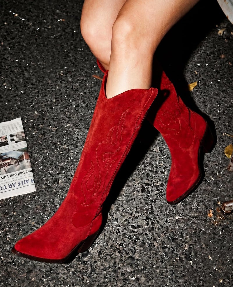 Pasuot Western Cowboy Boots for Women - Knee High Wide Calf Cowgirl Boots, Slip On Pointed Toe Chunky Heel Fashion Retro Classic Pull On Tall Boot for ladies Party concert Red Suede US 8 - Image 2