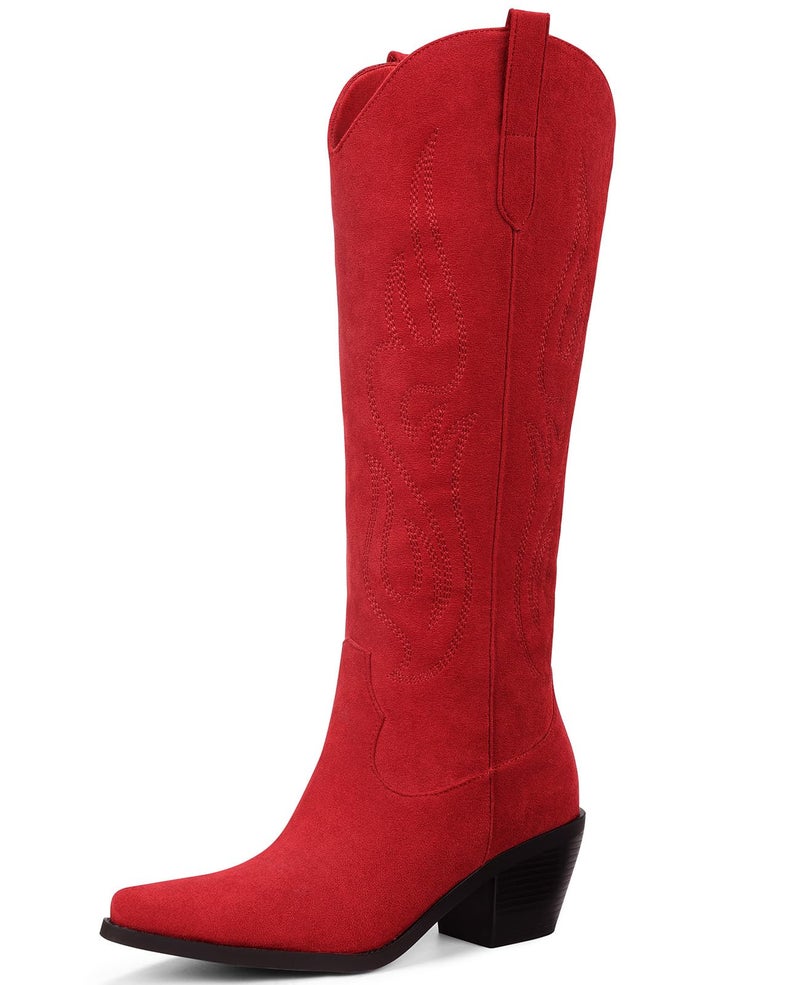 Pasuot Western Cowboy Boots for Women - Knee High Wide Calf Cowgirl Boots, Slip On Pointed Toe Chunky Heel Fashion Retro Classic Pull On Tall Boot for ladies Party concert Red Suede US 8 - Image 1