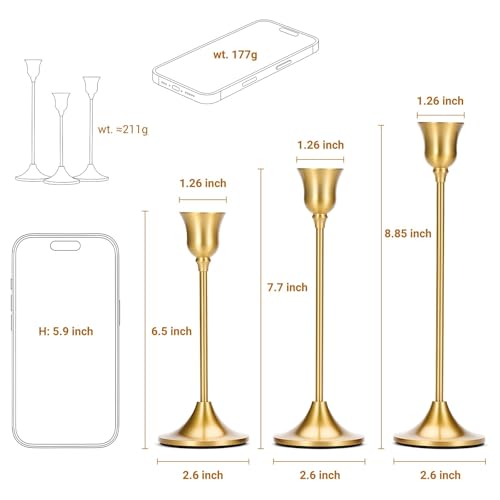 Tifanso Taper Candle Stick Holder 3PCS Brass Gold Pillar Tall Candlestick Holders Metal Vintage Decor Dinner Table Dining Room Centerpieces Decorations for Wedding Fireplace Mantel Housewarming Gift - Image 3
