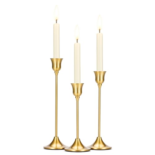 Tifanso Taper Candle Stick Holder 3PCS Brass Gold Pillar Tall Candlestick Holders Metal Vintage Decor Dinner Table Dining Room Centerpieces Decorations for Wedding Fireplace Mantel Housewarming Gift - Image 1