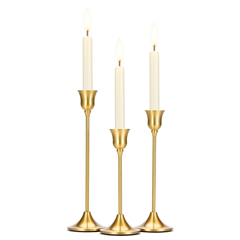 Tifanso Taper Candle Stick Holder 3PCS Brass Gold Pillar Tall Candlestick Holders Metal Vintage Decor Dinner Table Dining Room Centerpieces Decorations for Wedding Fireplace Mantel Housewarming Gift - Image 2