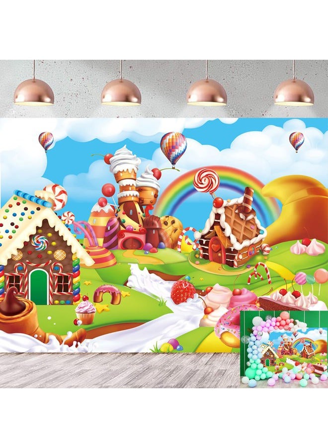 RUYI Candyland Backdrop 7x5FT Cartoon Rainbow Lollipop Icecream Sweet Donut Candy Photography Background for 1st First Birthday Party Decoration Baby Shower Photo Props (84x60 inch) - Image 1