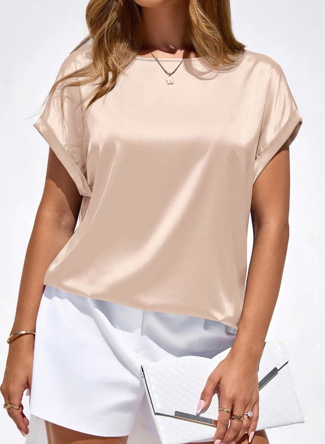 BTFBM Womens Summer Tops 2026 Satin Silk Crewneck Short Sleeve Shirts Work Business Outfits Spring Blouses Dressy Casual, Beige, M - Image 5