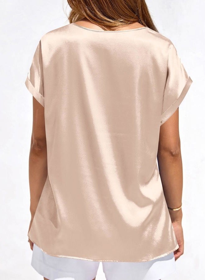 BTFBM Womens Summer Tops 2026 Satin Silk Crewneck Short Sleeve Shirts Work Business Outfits Spring Blouses Dressy Casual, Beige, M - Image 4