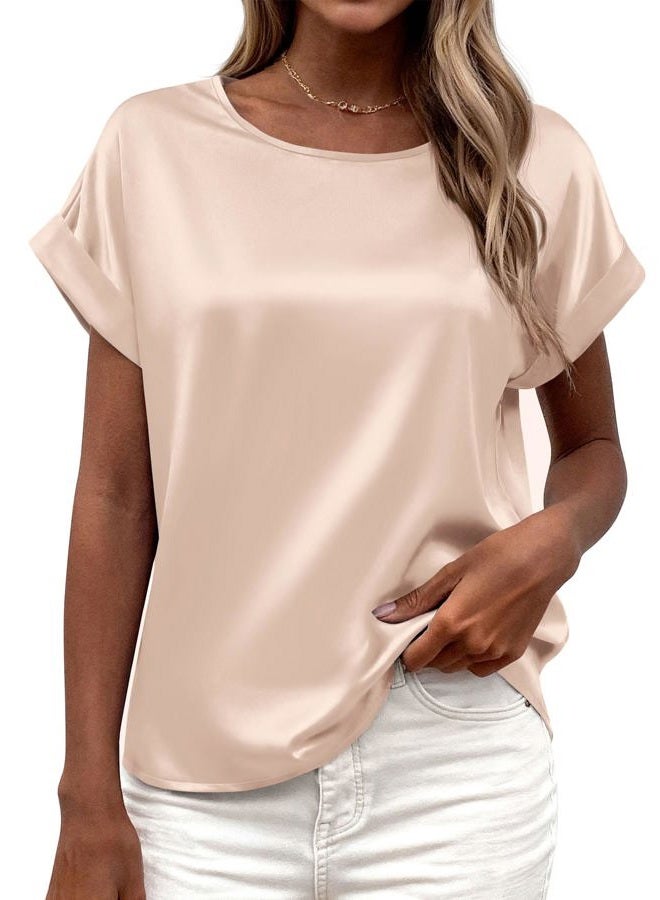 BTFBM Womens Summer Tops 2026 Satin Silk Crewneck Short Sleeve Shirts Work Business Outfits Spring Blouses Dressy Casual, Beige, M - Image 1