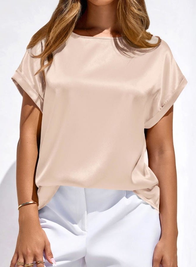 BTFBM Womens Summer Tops 2026 Satin Silk Crewneck Short Sleeve Shirts Work Business Outfits Spring Blouses Dressy Casual, Beige, M - Image 2