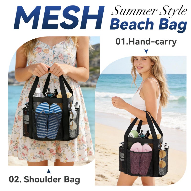 YASONIC Mesh Shower Caddy Portable for Dorm College Room Essentials, 8-Pocket Large Shower Bag with Double Handles, Hanging Shower Basket for Beach, Swimming, Bathroom, Beach, Camp, Gym, Black - Image 2