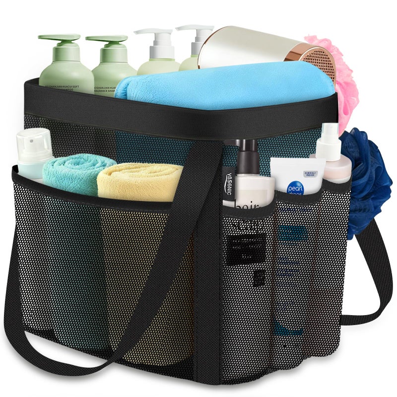 YASONIC Mesh Shower Caddy Portable for Dorm College Room Essentials, 8-Pocket Large Shower Bag with Double Handles, Hanging Shower Basket for Beach, Swimming, Bathroom, Beach, Camp, Gym, Black - Image 1