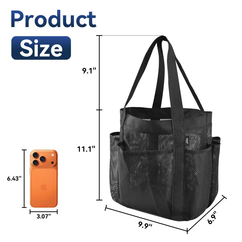YASONIC Mesh Shower Caddy Portable for Dorm College Room Essentials, 8-Pocket Large Shower Bag with Double Handles, Hanging Shower Basket for Beach, Swimming, Bathroom, Beach, Camp, Gym, Black - Image 3