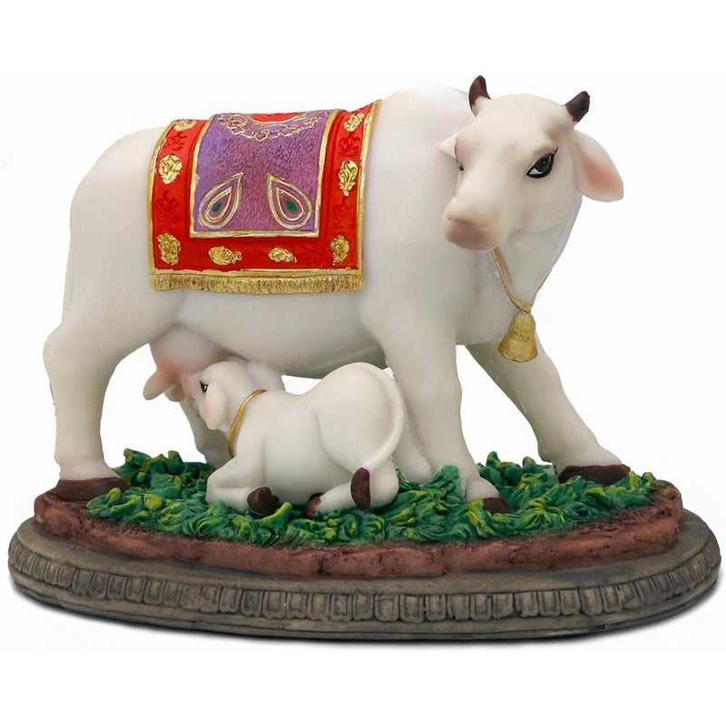 alikiki تمثال إله هندوسي على شكل بقرة وعجل - طول 6.7 بوصة، تمثال هندي على شكل بقرة مع تماثيل صغيرة على شكل عجل، هدايا للأصدقاء الهنود والعائلة والأصدقاء والعائلة وهدايا ديوالي وعنصر مورتي بوجا والمكتب المنزلي وديكور معبد ماندر بوجا - Image 1