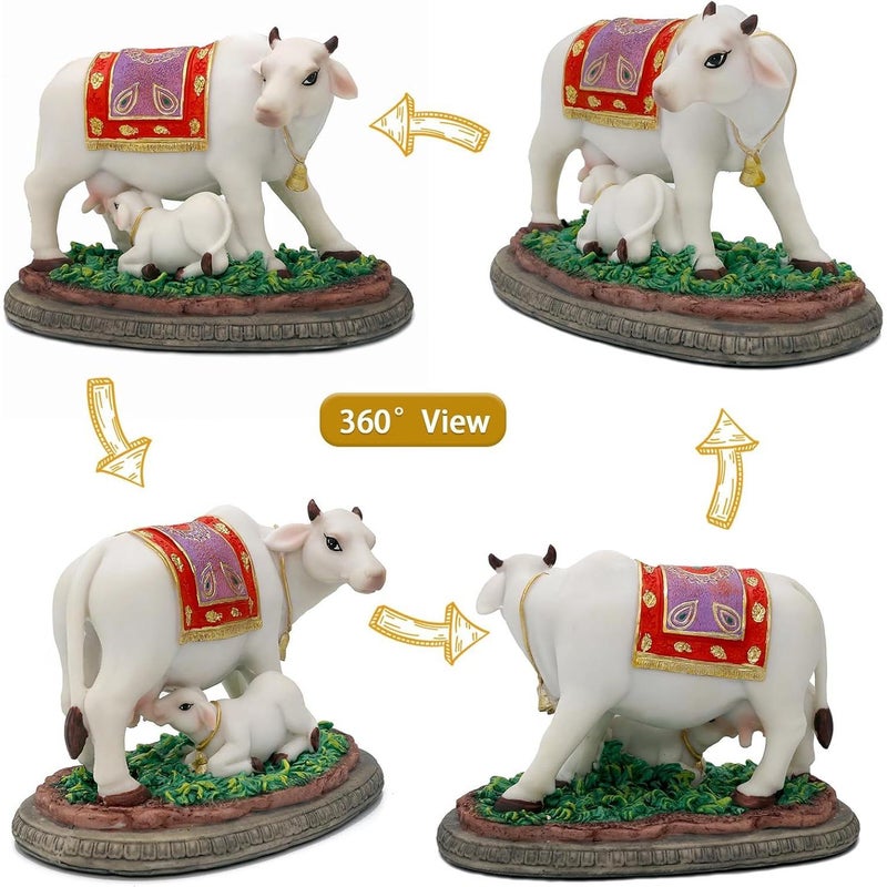 alikiki تمثال إله هندوسي على شكل بقرة وعجل - طول 6.7 بوصة، تمثال هندي على شكل بقرة مع تماثيل صغيرة على شكل عجل، هدايا للأصدقاء الهنود والعائلة والأصدقاء والعائلة وهدايا ديوالي وعنصر مورتي بوجا والمكتب المنزلي وديكور معبد ماندر بوجا - Image 2