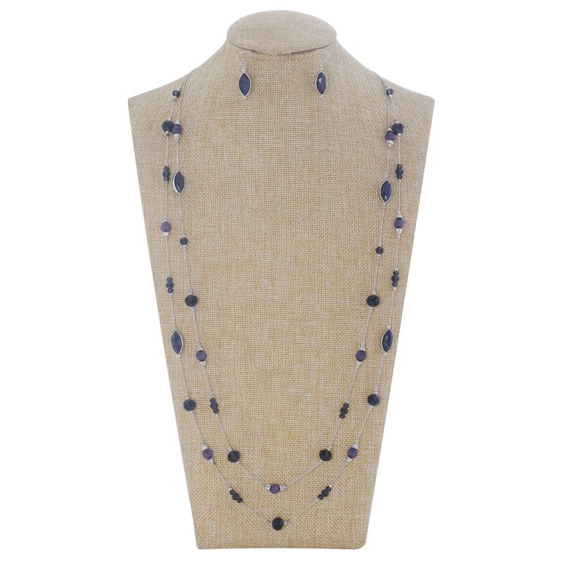 Coiris Earring and Necklace Set for Women 2 Layer Beaded Long Collar Statement Strand Necklace Fashion Trendy Dangle Earrings Boho Jewelry Sets for Women (N0098-Dark Blue) - Image 2