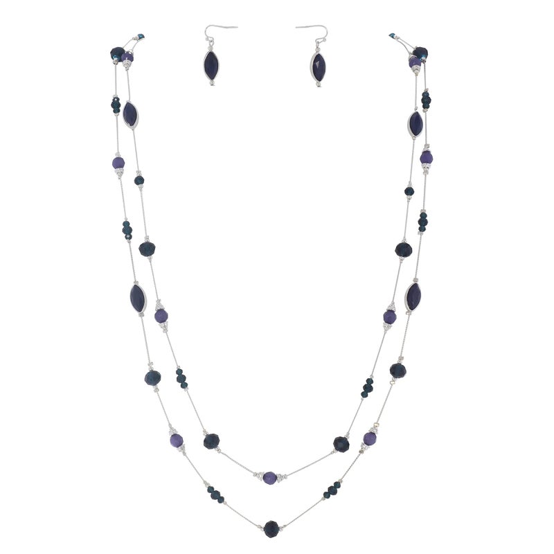 Coiris Earring and Necklace Set for Women 2 Layer Beaded Long Collar Statement Strand Necklace Fashion Trendy Dangle Earrings Boho Jewelry Sets for Women (N0098-Dark Blue) - Image 1