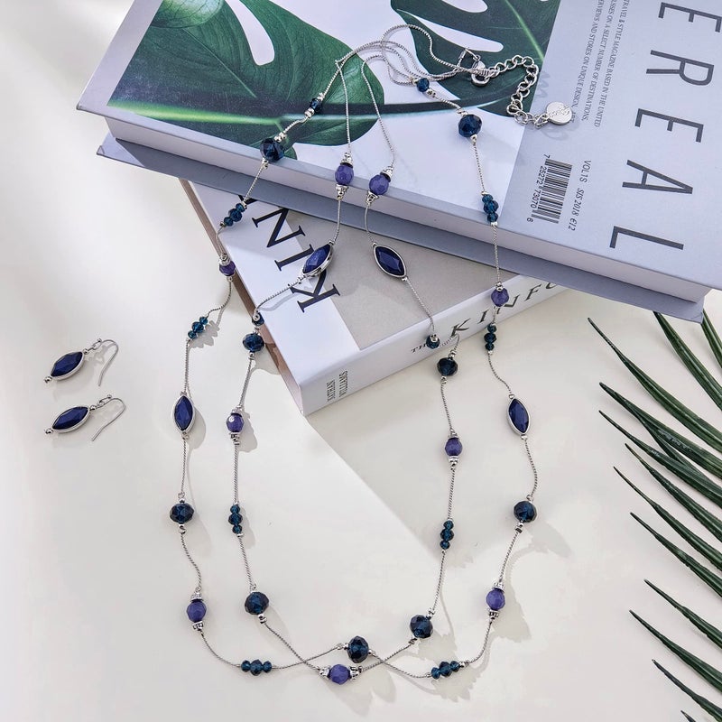 Coiris Earring and Necklace Set for Women 2 Layer Beaded Long Collar Statement Strand Necklace Fashion Trendy Dangle Earrings Boho Jewelry Sets for Women (N0098-Dark Blue) - Image 3