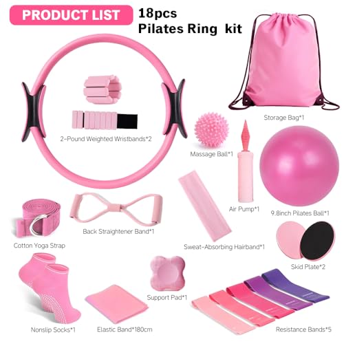 Zyvora Pilates Equipment Set for Home Workouts –15in1 Home Pilates Kit with Ring and Ball Set, Resistance Bands, Pilates Yoga Accessories, Core Sliders & Ankle Weights, Pilates Essentials Kit (Pink) - Image 2