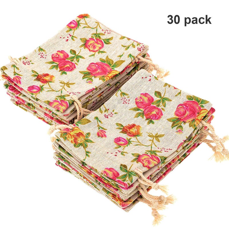 Pangda 30 Pieces Small Size Rose Drawstring Bags Burlap Flower Pouch Bag Linen Gift Pocket Jewelry Pouch for Wedding DIY Craft Party (3.9 x 5 Inch) - Image 2