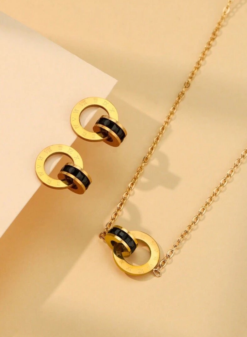 Elegant Stainless Steel Gold Plated Necklace u0026 Earrings Jewellery Set For Women  - Image 1