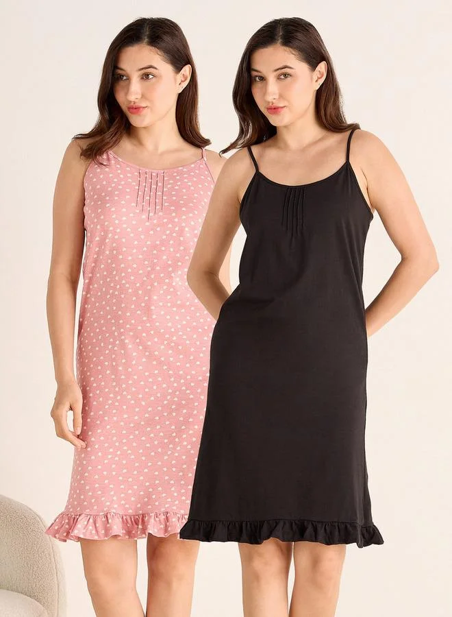 سبلاش فيڤ Set of 2 - Midi Slip Dress Strappy Ruffled Hem Cotton