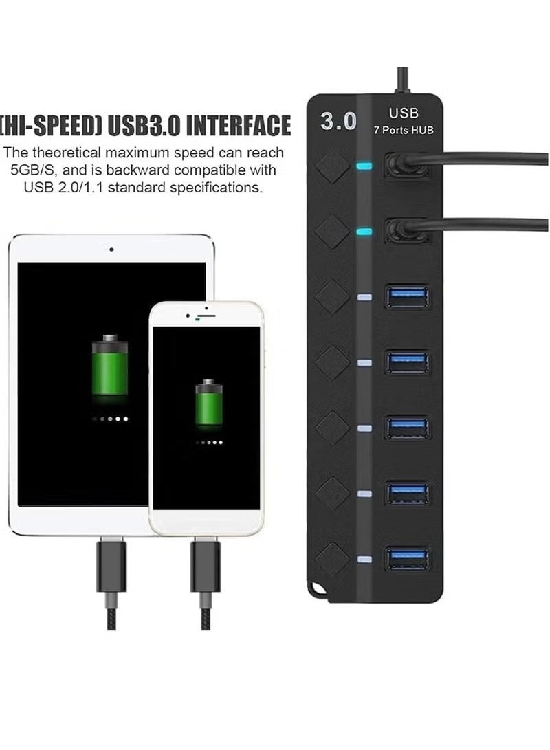 7-Port USB 3.0 Hub with Individual Power Switches and Lights, High-Speed Data Hub Splitter Portable USB Extension Hub for PC Laptop and More (No Power Adapter) - Image 5