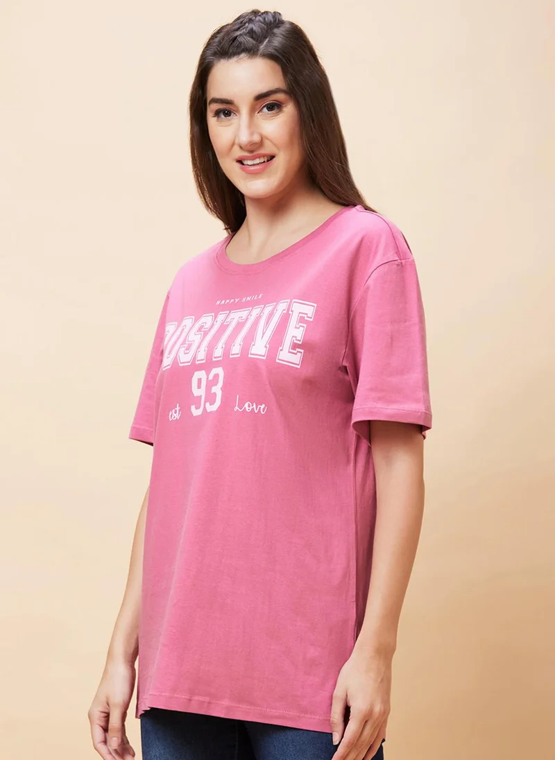 globus Globus Women Typography Printed Pure Cotton Oversized T-Shirt